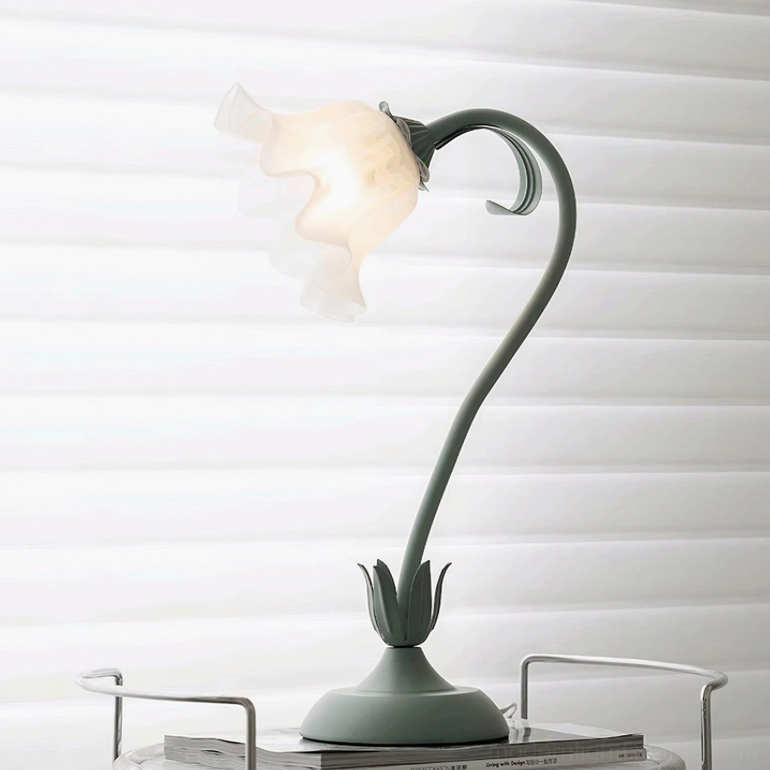 Lily flower table lamp botanical design detail showing frosted white glass petal-shaped shade