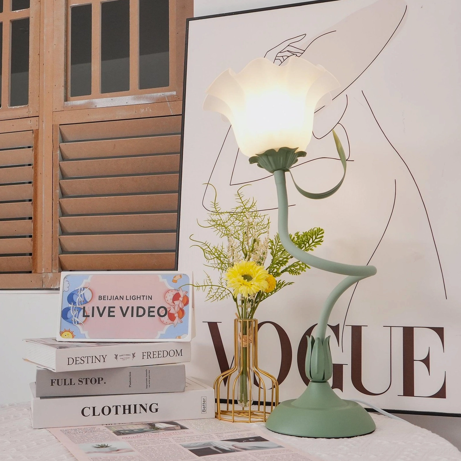 Lily flower table lamp on console table accent in Scandinavian home interior design