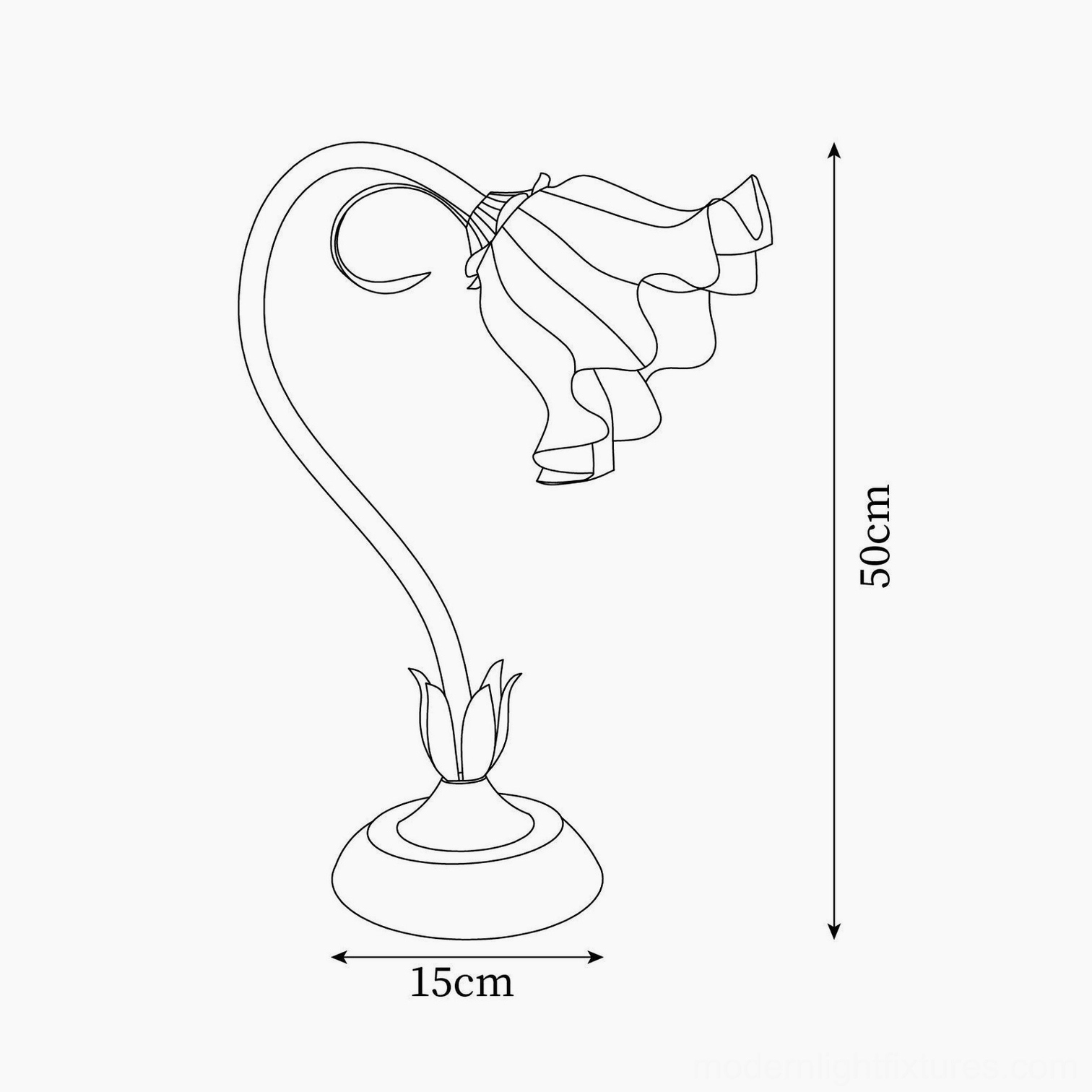 Lily flower table lamp design sketch orthographic view showing dimensions 50cm height and 15cm base width