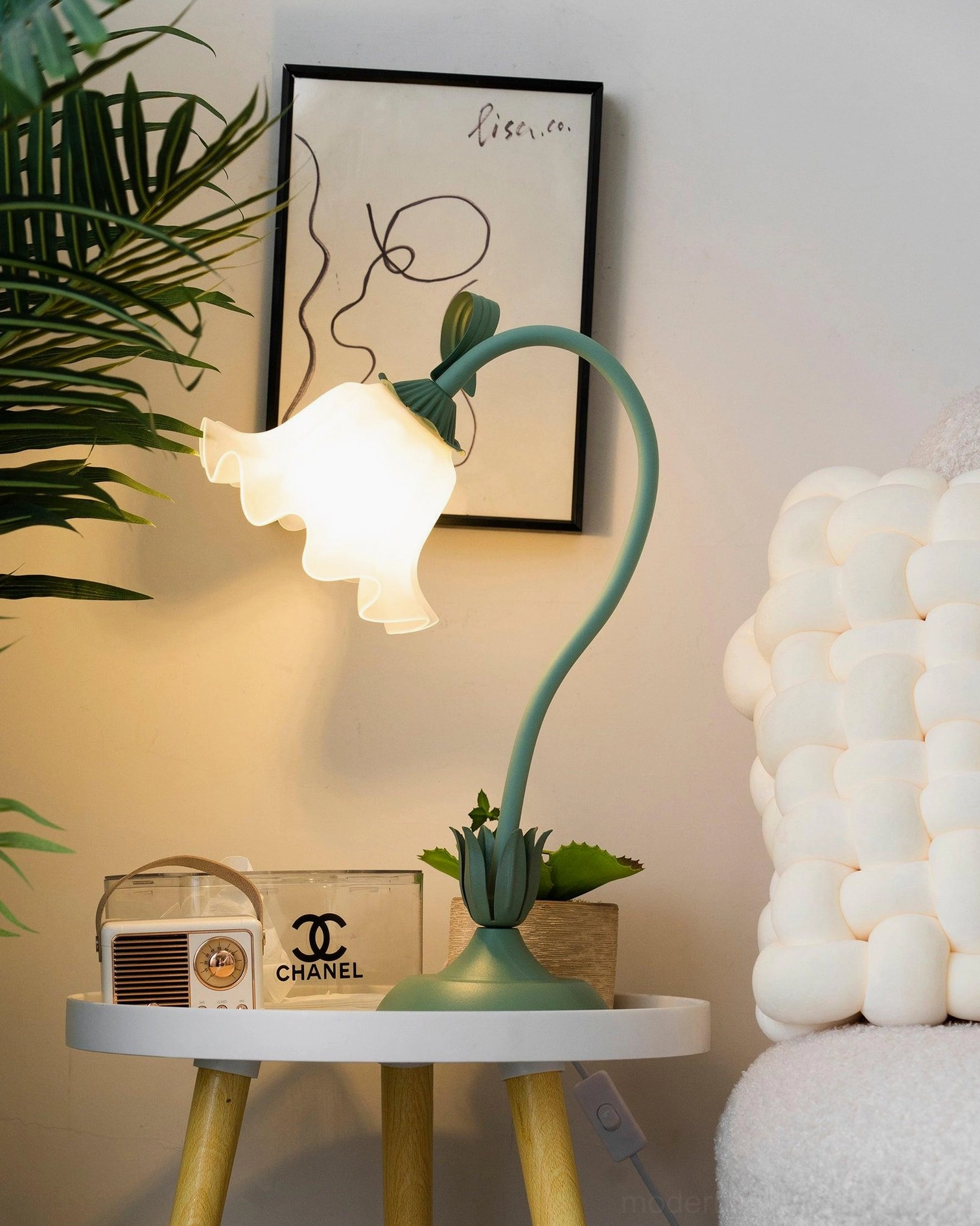 Contemporary lily flower table lamp with dimmable feature styled on accent furniture