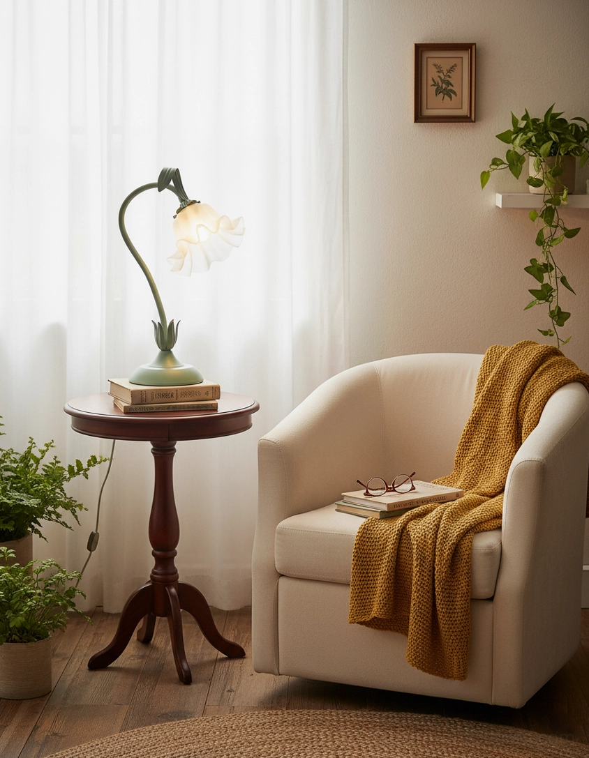 Wide view of lily flower table lamp on dark wood side table beside reading armchair in vintage living room