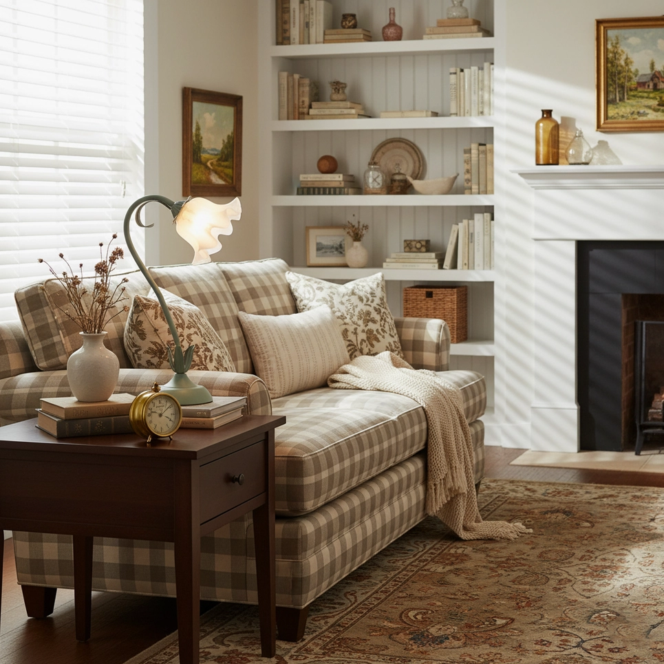 Modern lily flower table lamp on wooden side table next to plaid sofa with bookshelf in classic living room