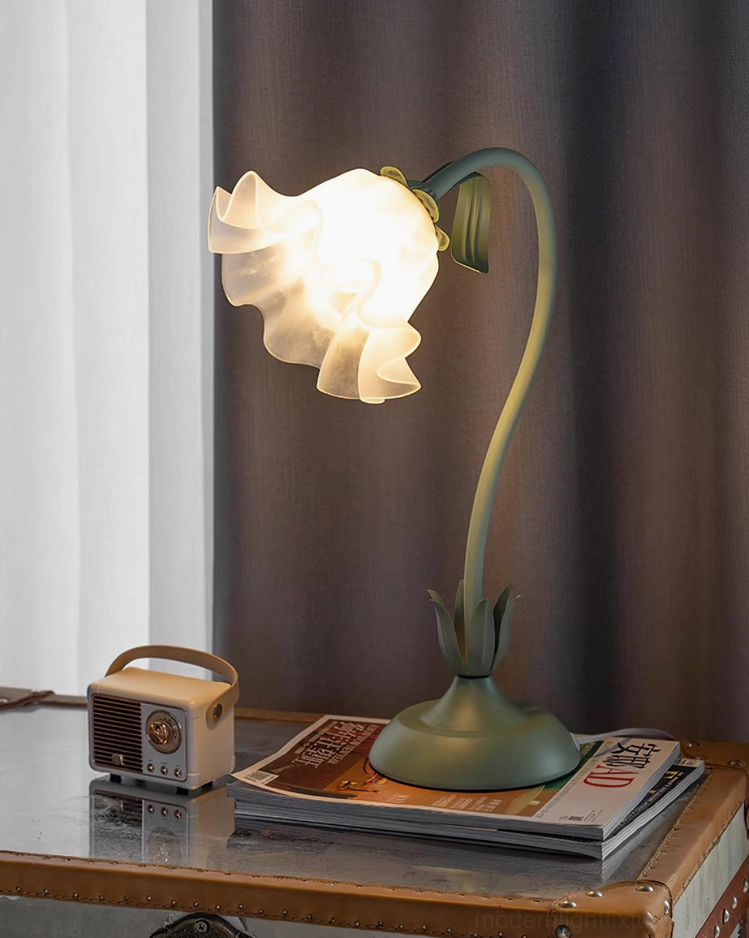 Lily flower table lamp on wooden side table in mid-century modern interior design space