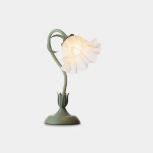 Lily flower table lamp with sage green metal frame and frosted white glass shade - front view on white background