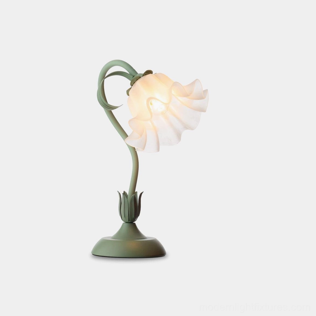 Lily flower table lamp with sage green metal frame and frosted white glass shade - front view on white background