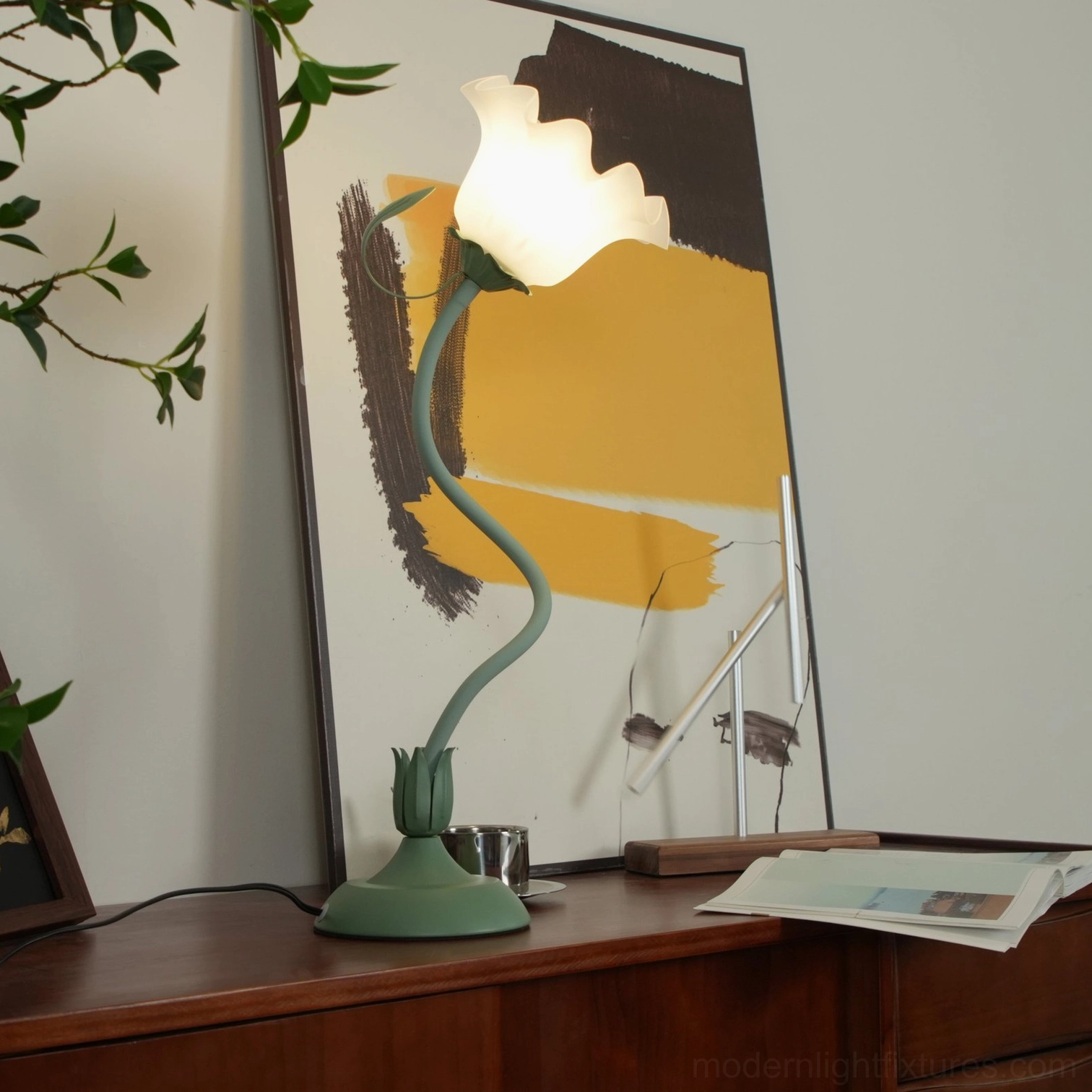 Contemporary lily flower table lamp styled in Scandinavian minimalist home decor arrangement