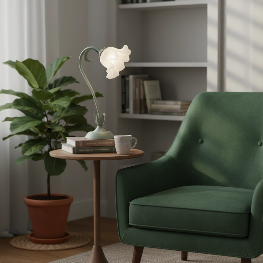 Lily flower table lamp detail view showing frosted white glass shade and metal frame construction