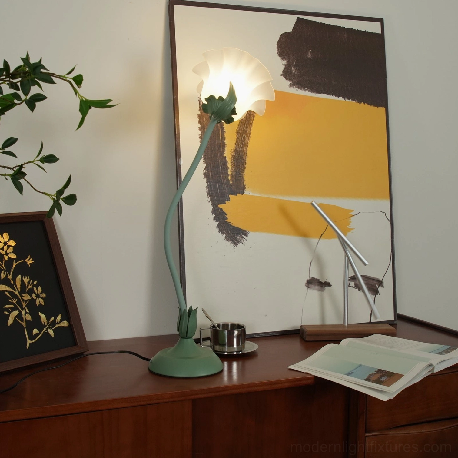 Lily flower table lamp providing soft diffused light on home table in cozy interior setting