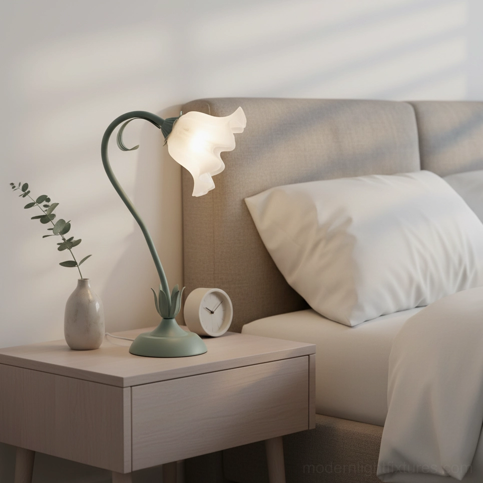 Contemporary lily flower table lamp illuminated showing three-color changing light feature