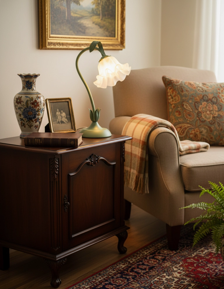 Botanical lily flower table lamp three-quarter view on carved dark wood cabinet with fireplace vintage decor