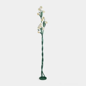 Lily of the valley floor lamp with three green spiral stems and white flower-shaped acrylic lampshades, front view studio shot