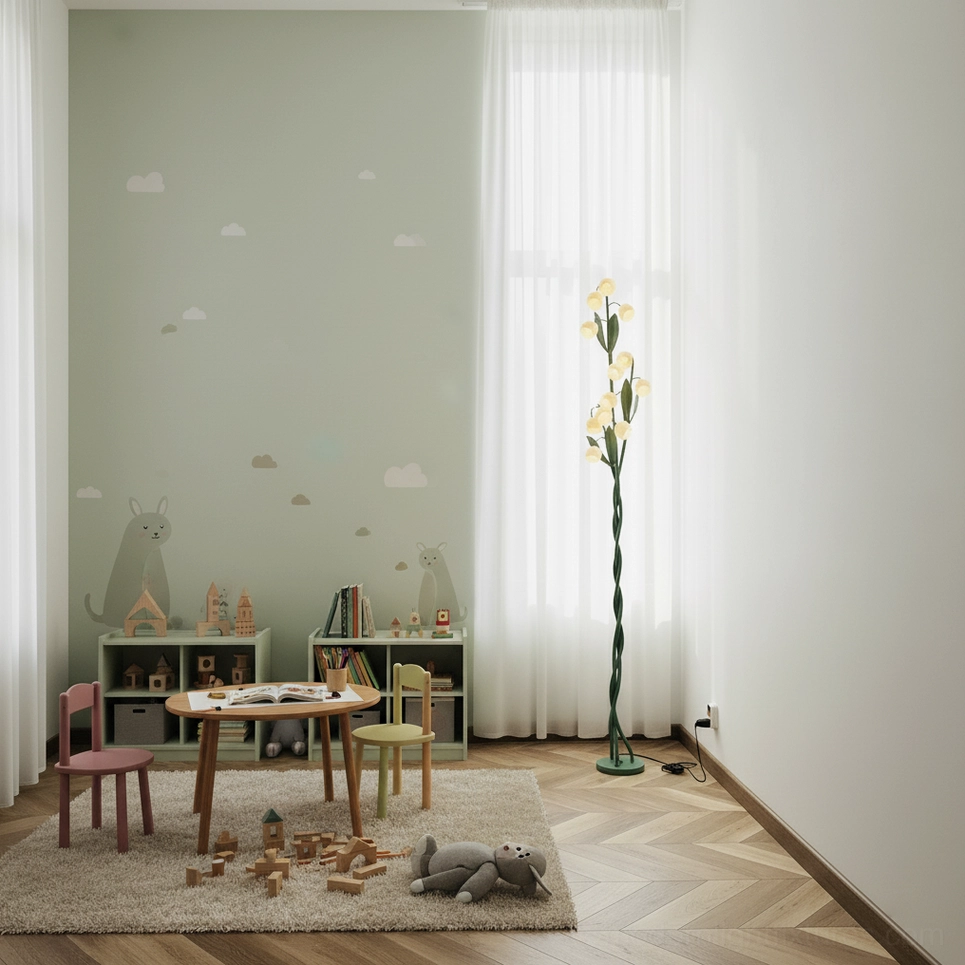 Three-bloom botanical floor lamp with white acrylic flower shades and green spiral metal stems, detailed product view