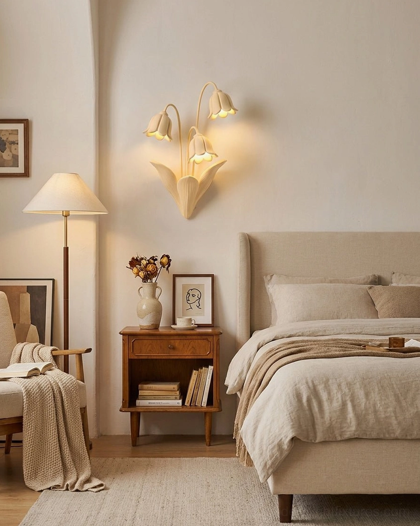 Lily of the Valley Wall Lamp Cozy Bedroom - Rustic Warm Botanical Sconce Night Lighting