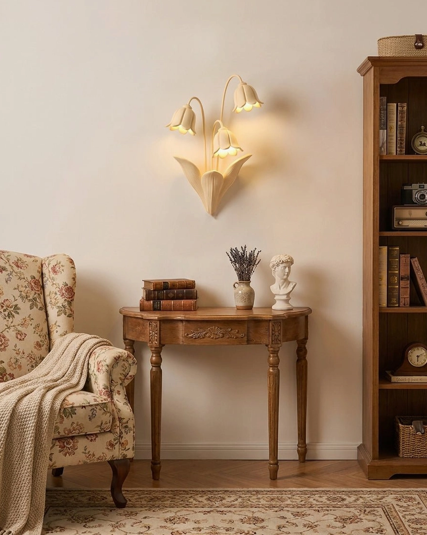 Lily of the Valley Wall Lamp Above Floral Sofa - Modern Botanical Wall Sconce Interior Design