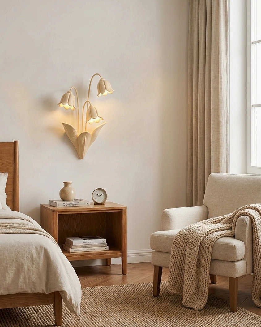 Lily of the Valley Wall Lamp Bedroom - Minimalist Warm Beige Sconce Mounted on Bedroom Wall