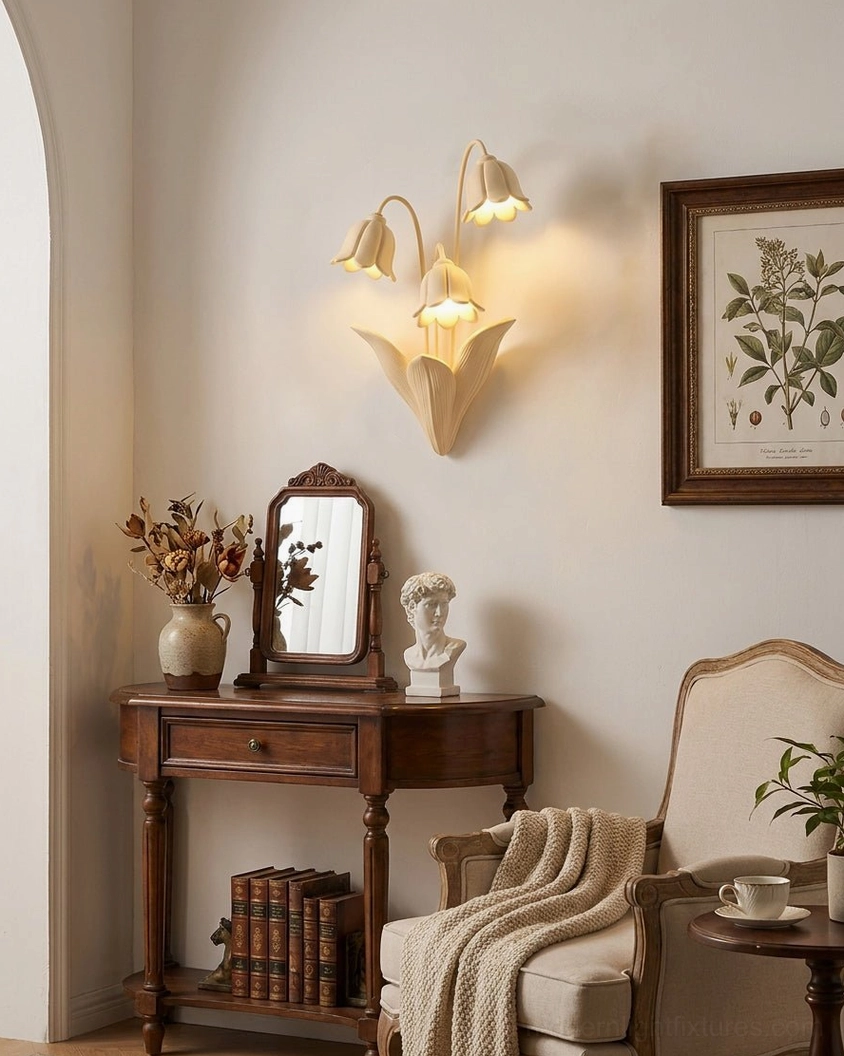 Lily of the Valley Wall Sconce Entryway - Botanical Accent Light with Vanity Mirror and Console