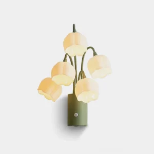 Lily-of-the-valley motion sensor wall sconce with four frosted acrylic bell-flower shades on green iron stems against white background
