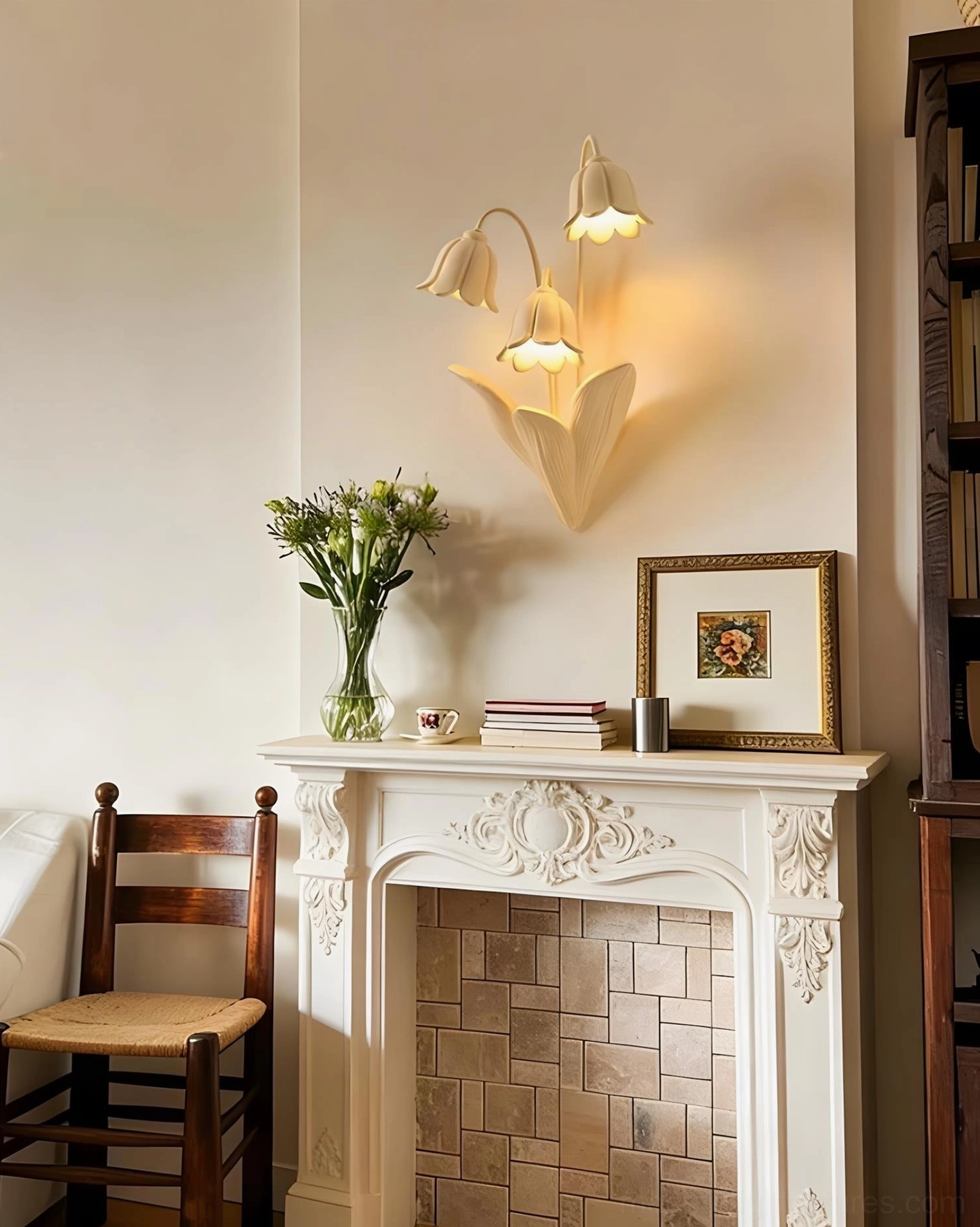 Lily of the Valley Wall Sconce Botanical Detail - Sculptural Beige Resin Flower-Shaped Light Fixture