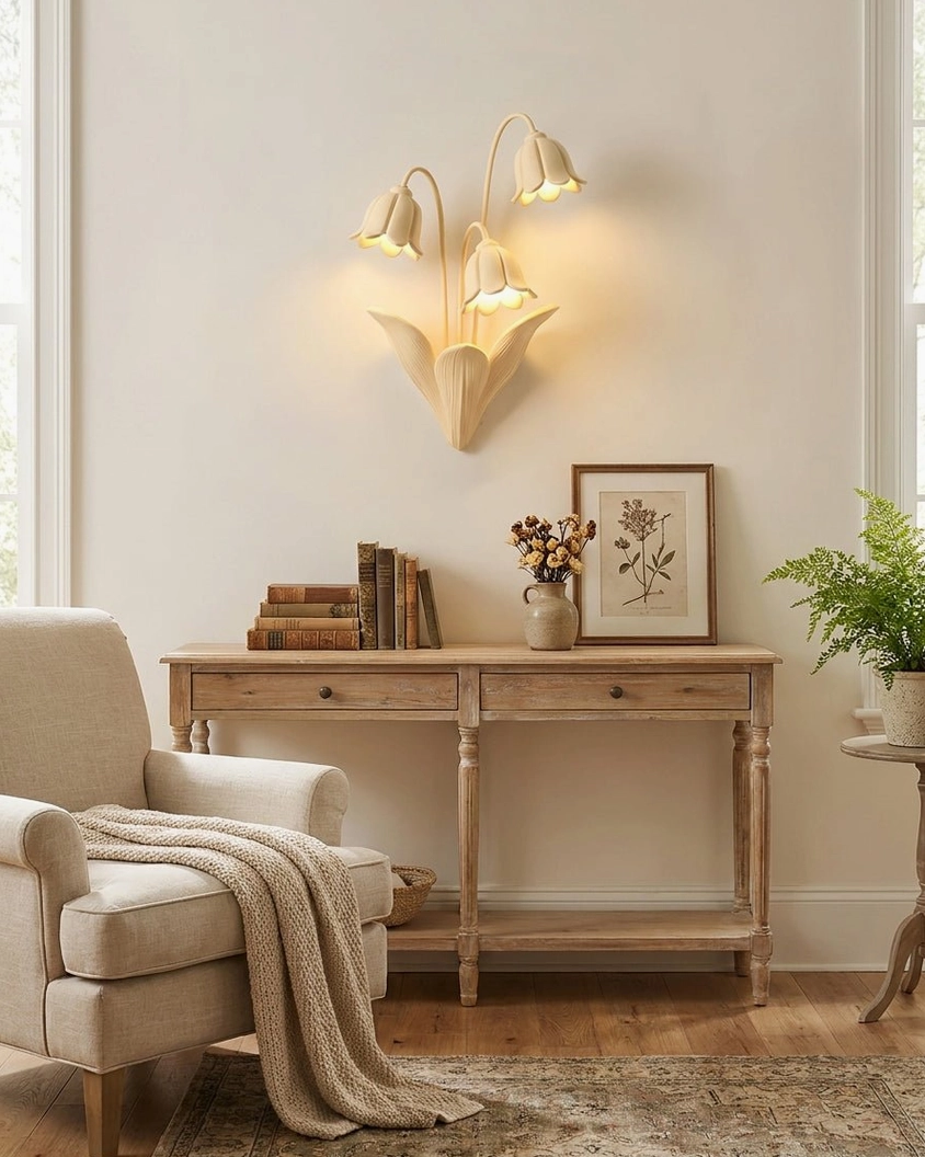 Lily of the Valley Wall Sconce in Vintage Living Room - French Country Home Decor with Console Table
