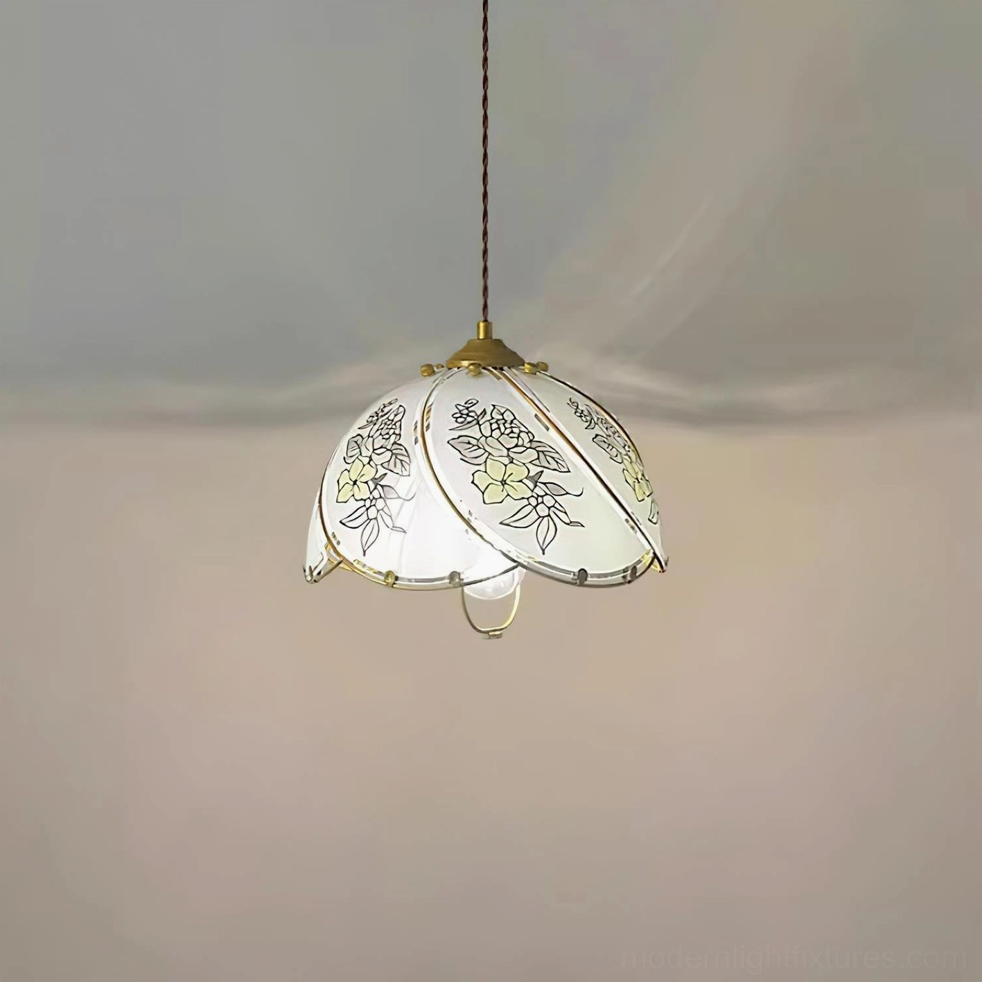 Brass and white glass lily pendant light with twisted cord, adjustable 59-inch suspension wire