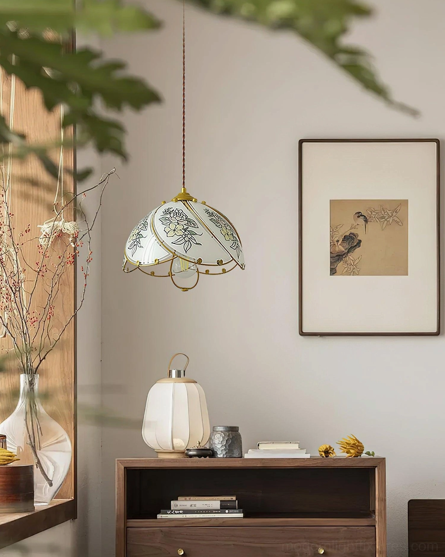 Brass lily pendant light in minimalist wooden study nook with warm ambient lighting