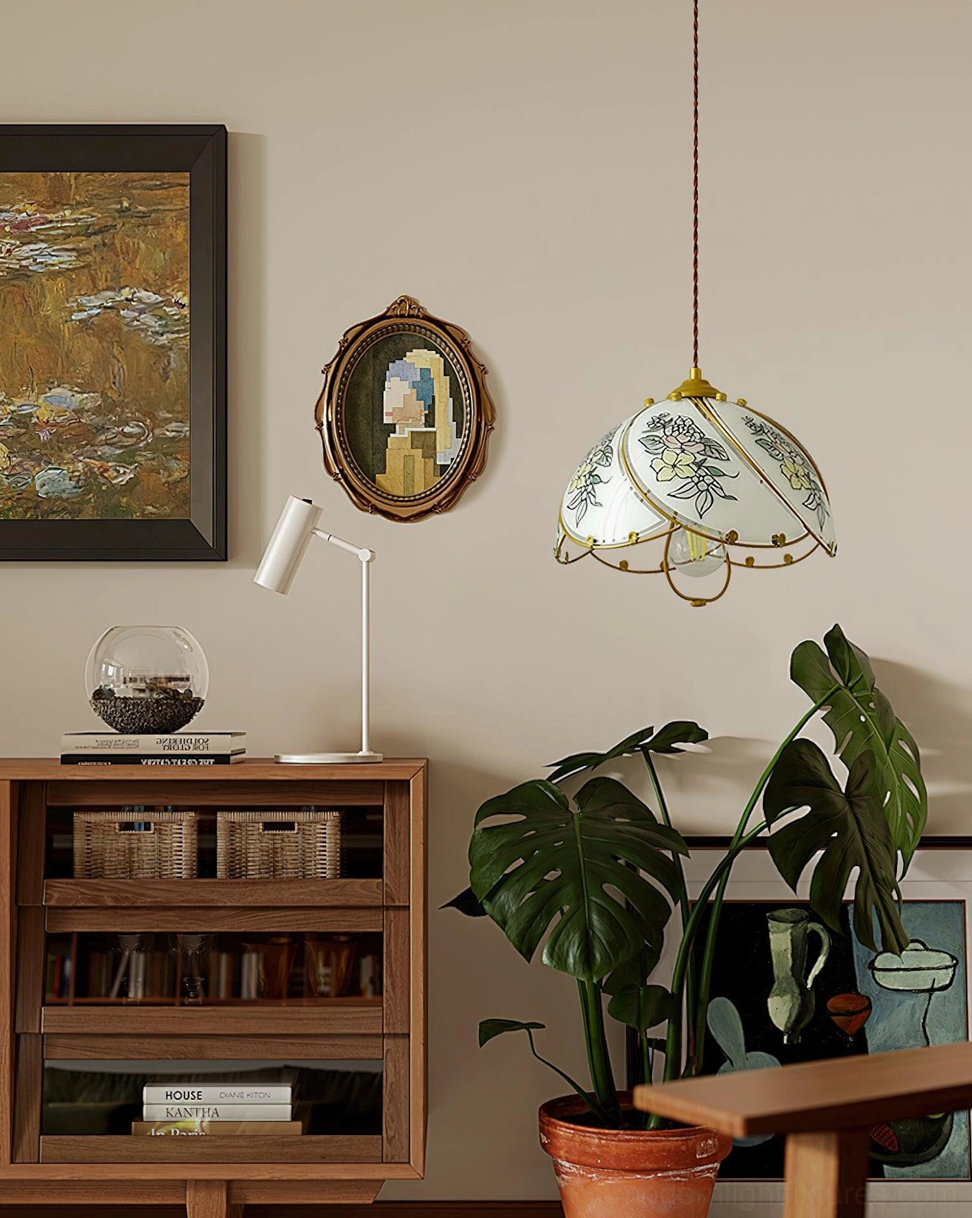 Handcrafted botanical lily pendant fixture in mid-century modern living room with wall artwork