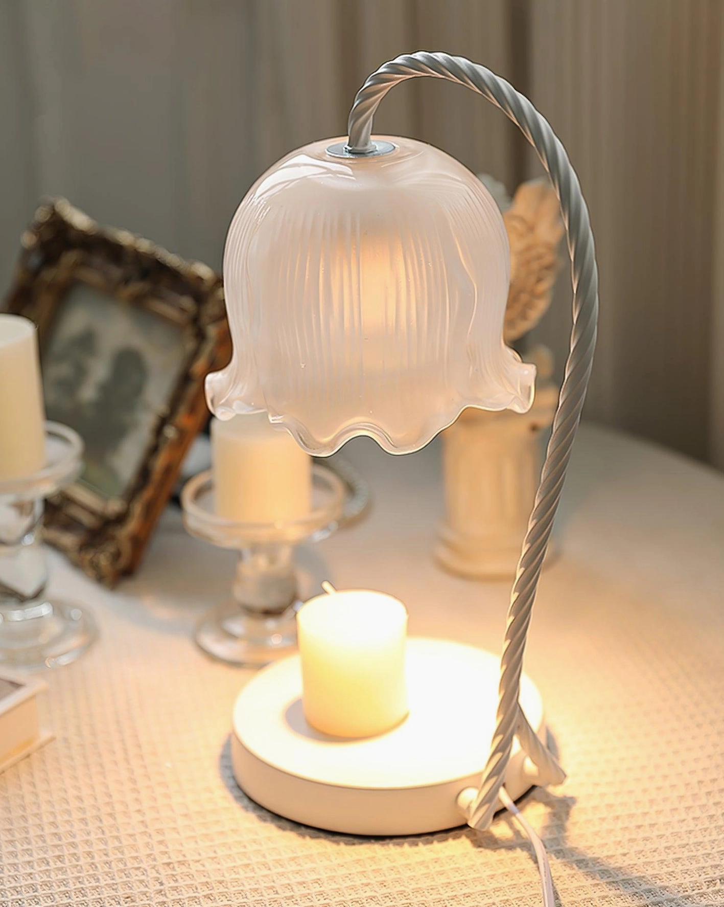 Lily of the valley candle warmer lamp three-quarter view, vintage French retro home decor styling