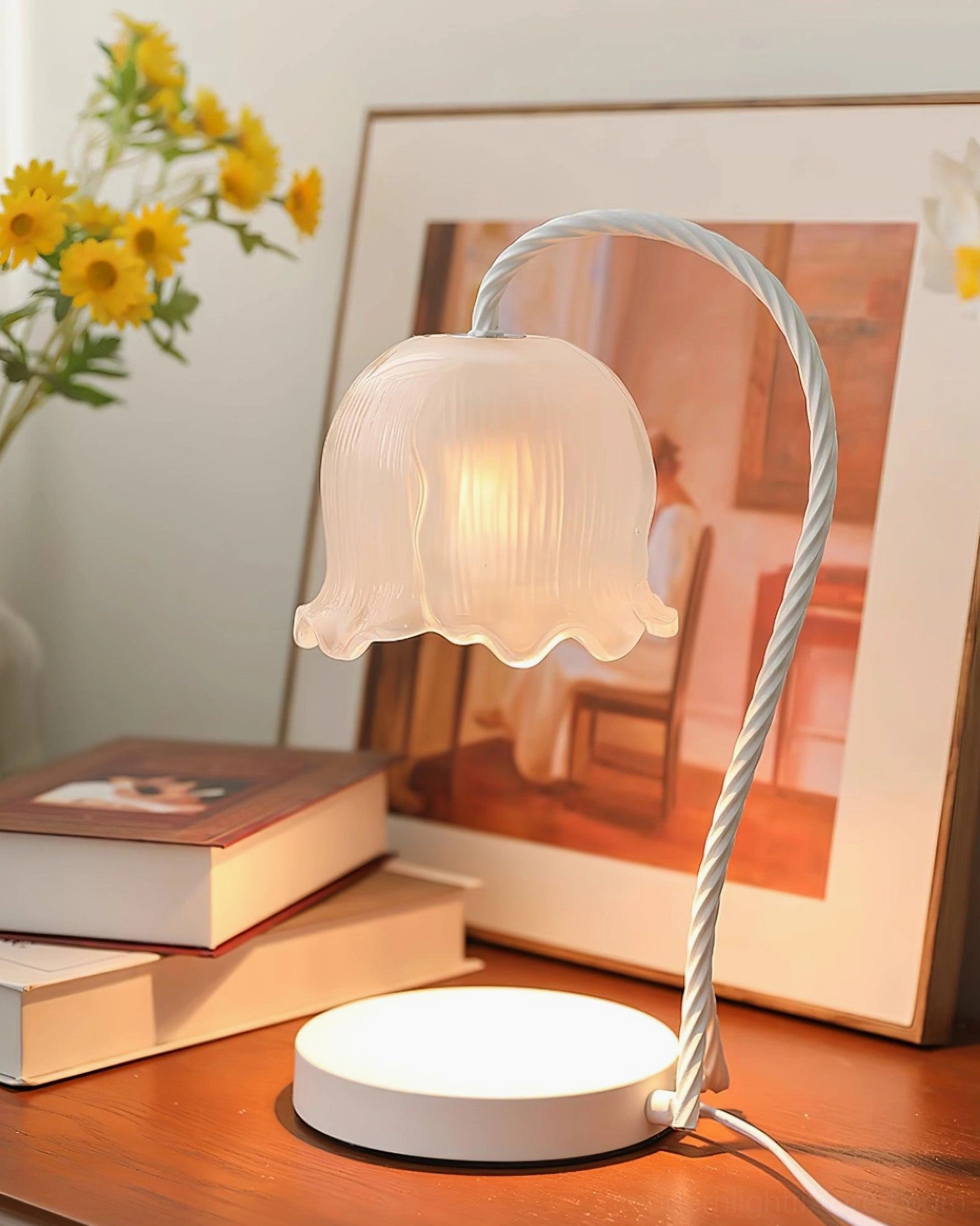 Candle warmer lamp frosted glass shade detail, soft diffused light demonstration