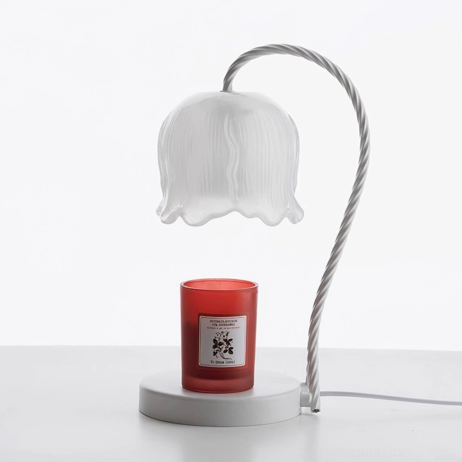 Frosted white candle warmer lamp with halogen bulb compatibility, living room side table placement