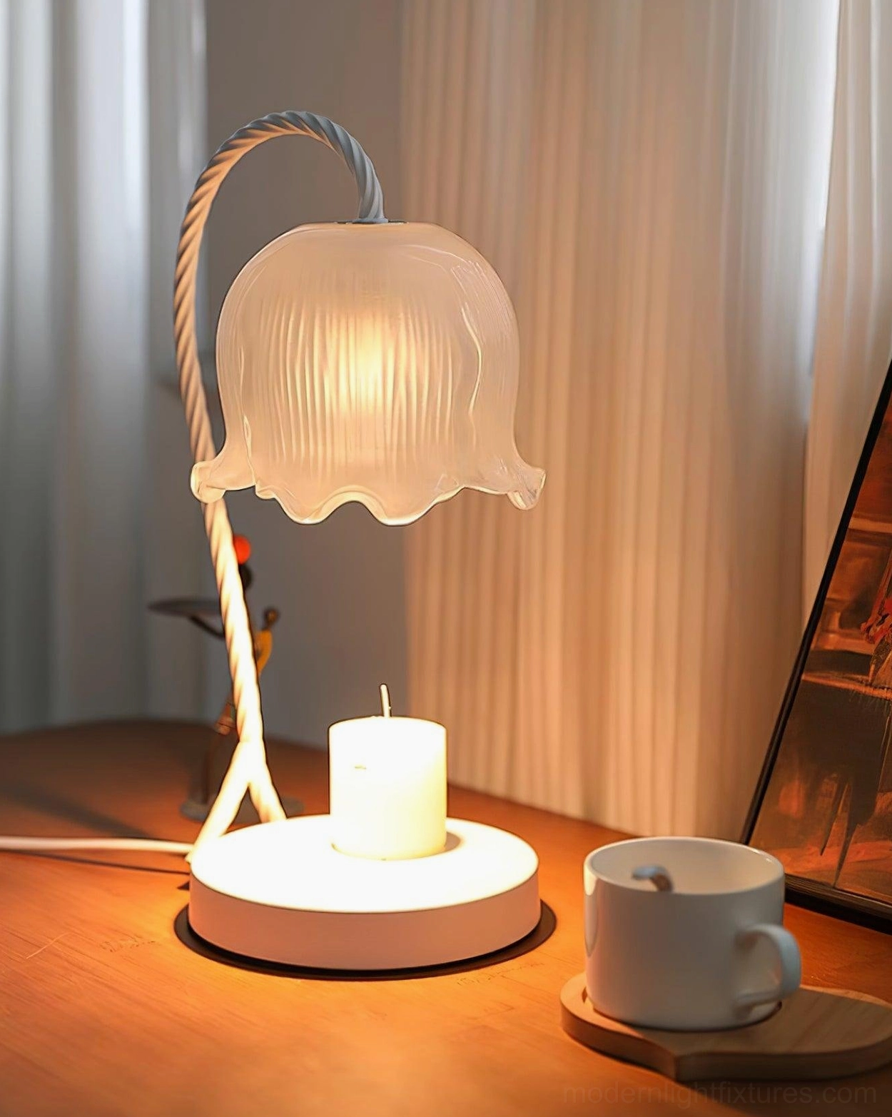 White candle warmer lamp with 59-inch power cord, dimmer compatible for ambient lighting
