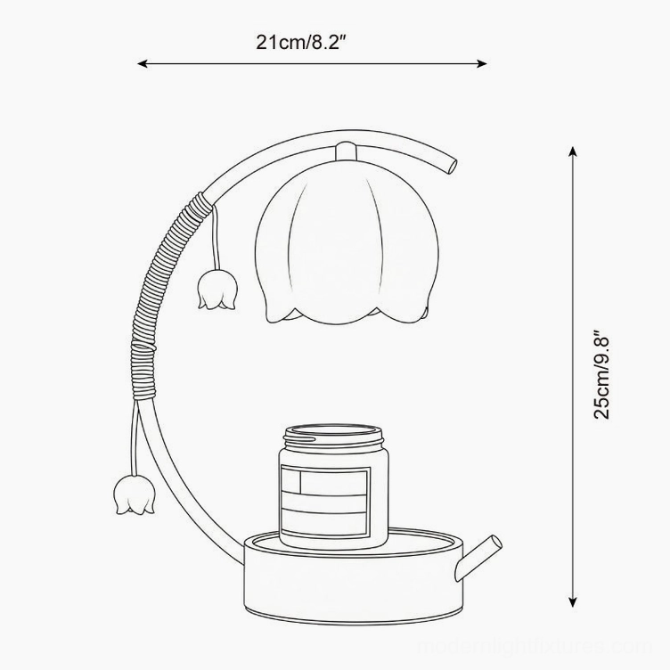 Technical line drawing orthographic view of Lily of the Valley Candle Warmer Lamp showing precise dimensions and proportions