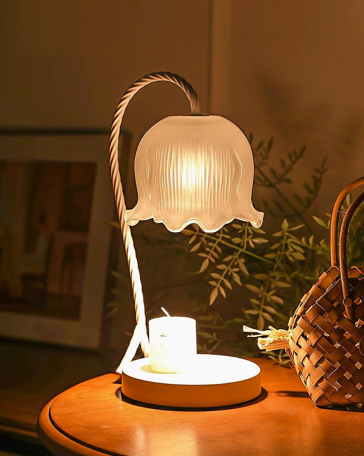 Lily of the valley candle warmer lamp side three-quarter view on wooden table, warm retro brown base