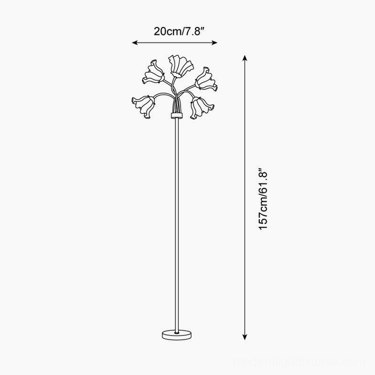 Technical specifications diagram of pastel lily of the valley floor lamp showing 157cm height and 20cm base diameter