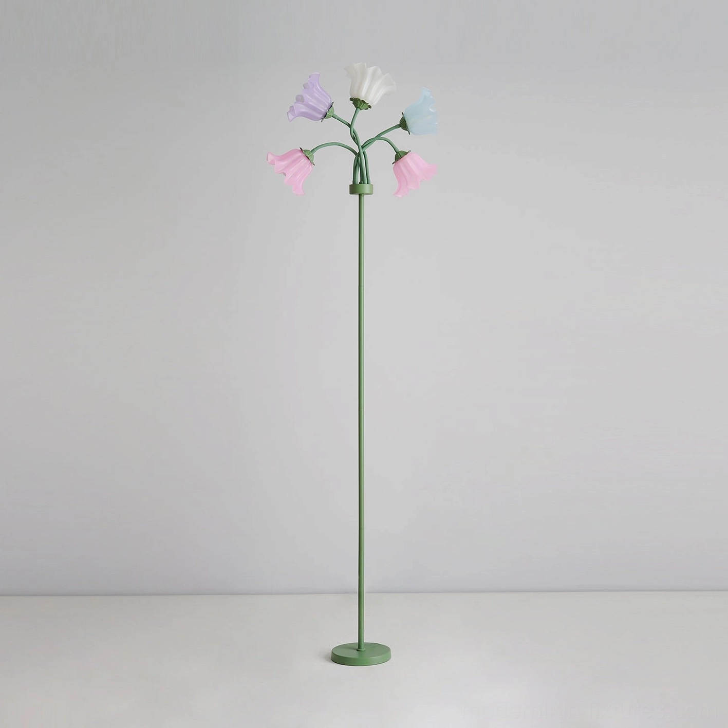 Green metal base lily of the valley floor lamp with pink lavender white and blue pastel glass shades and USB port
