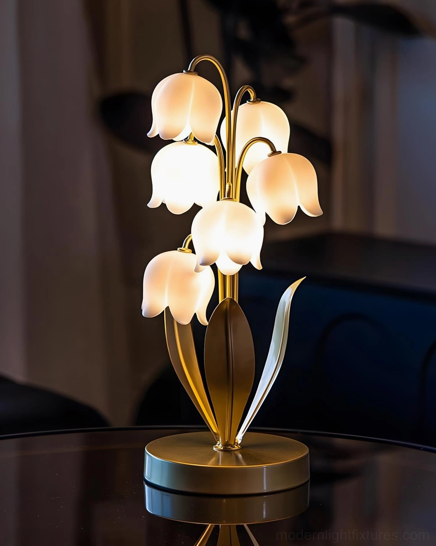 Lily of the valley table lamp variants showing color options in deep green and warm gold finishes with white acrylic petal shades side by side