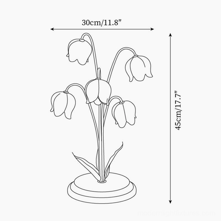 Lily of the Valley lamp design sketch with dimensions 30cm diameter and 45cm height