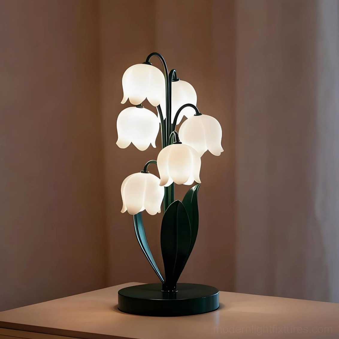 Modern botanical table lamp with green metal base positioned on bedside table, warm glowing 3000K light creates cozy bedroom ambiance