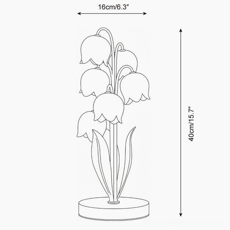 Orthographic technical drawing of lily of the valley table lamp showing front view with precise dimension markings and measurements