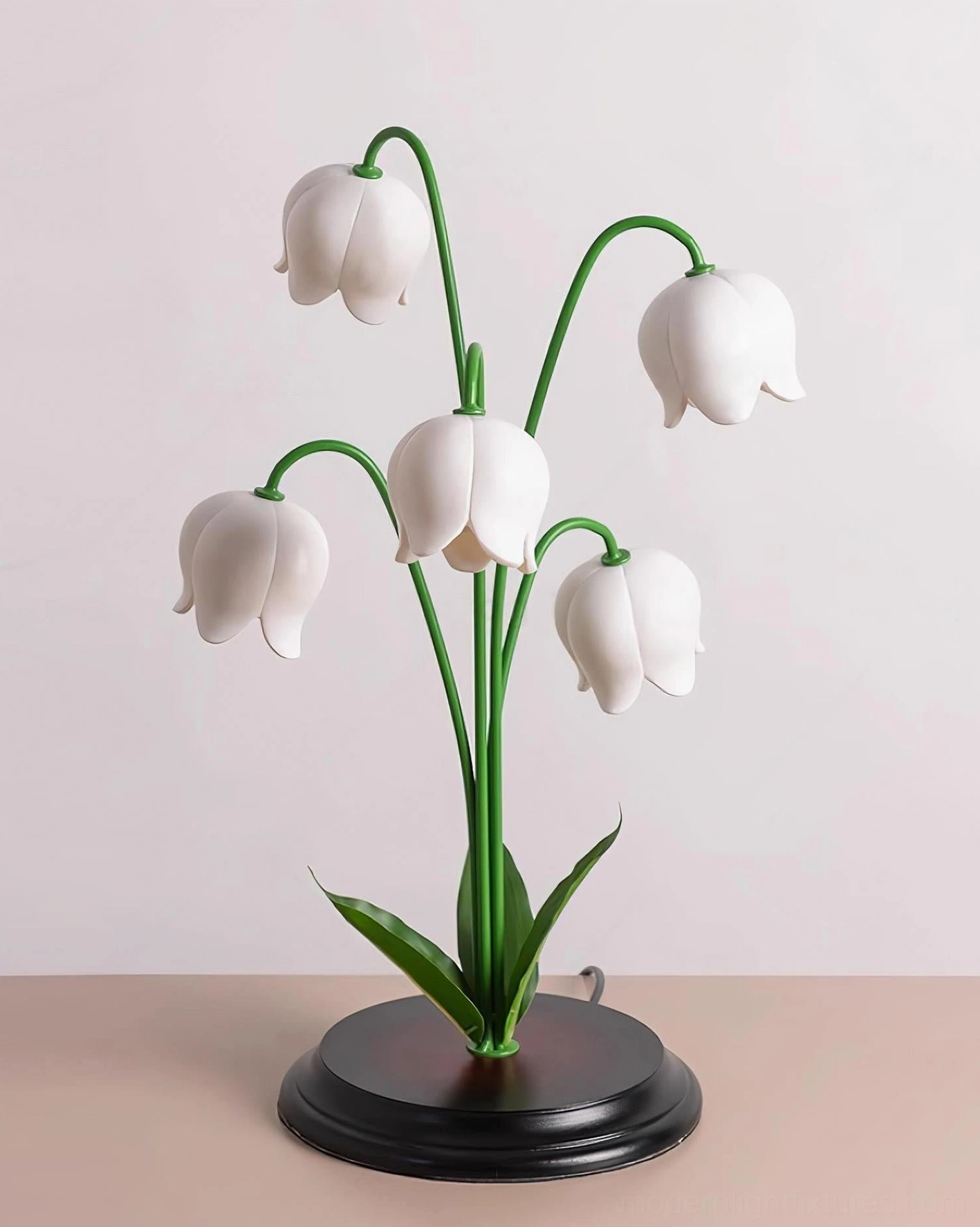 Lily of the Valley botanical table lamp unlit display with white petals and green stems