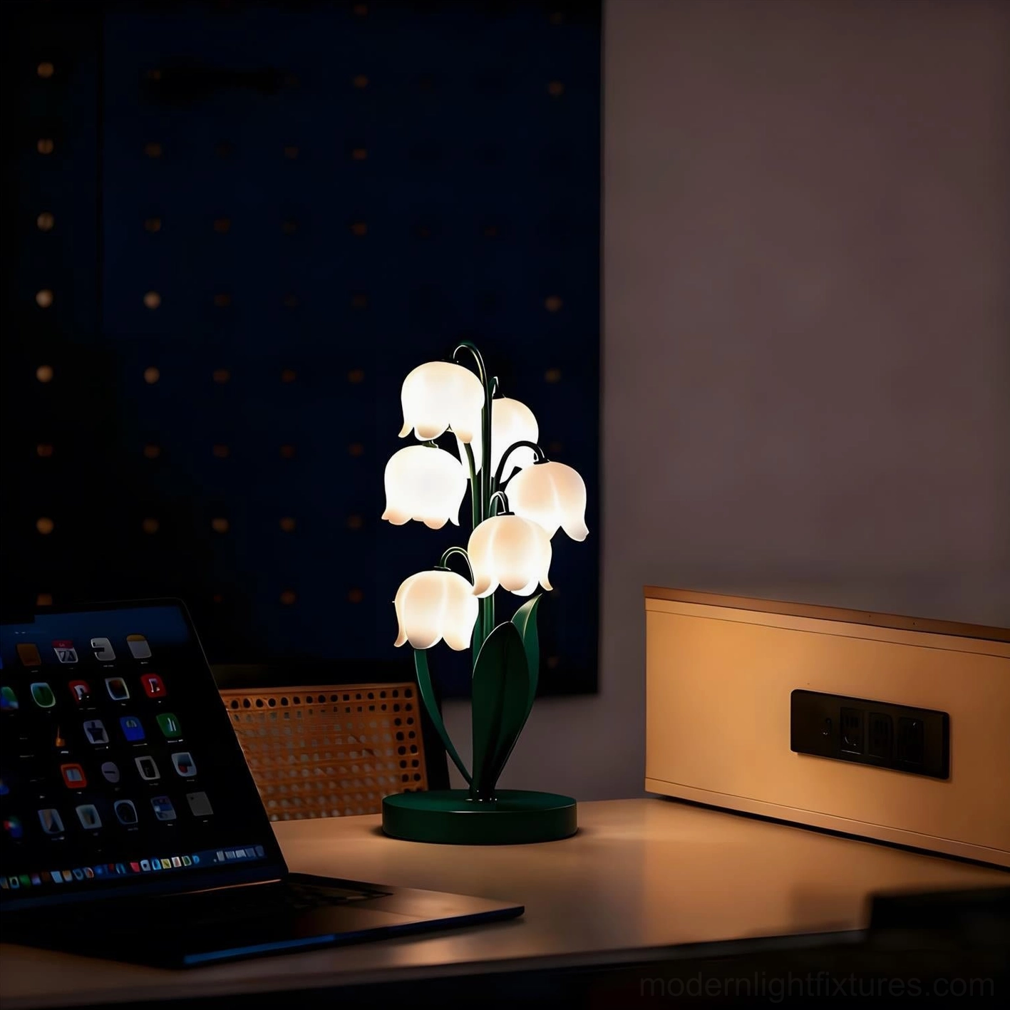 Lily of the valley botanical table lamp showing sculptural petal-shaped acrylic shades and organic curved stem design with warm 3000K illumination