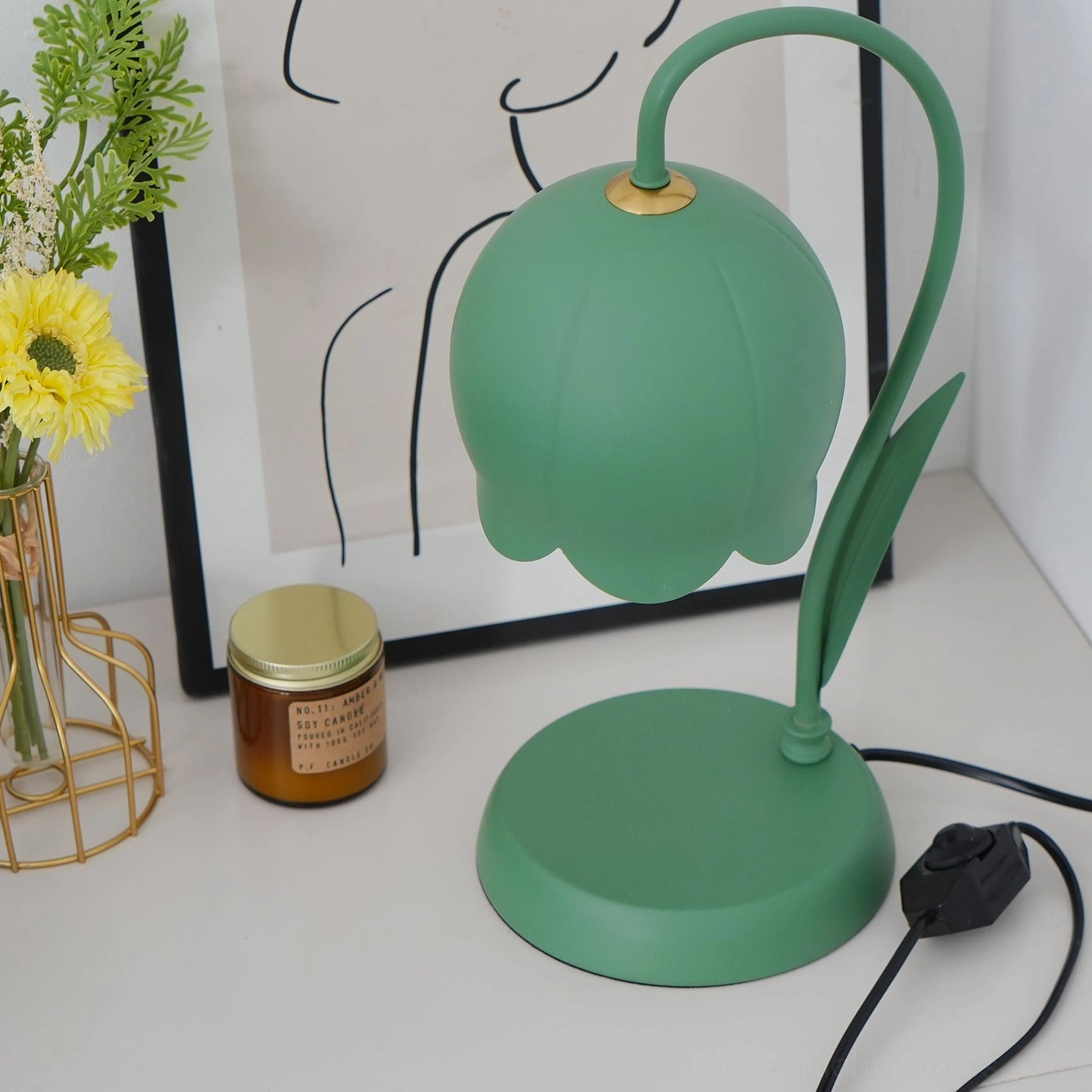 Lily flower candle warmer table lamp sculptural design detail showing bell-shaped petal form
