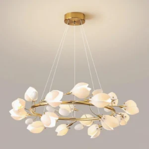 Double-ring magnolia-inspired ceiling light fixture with frosted glass flower shades and brass framework, direct front perspective