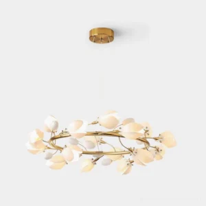 Lilyloop floral petal chandelier with gold brass finish, studio front view showing creamy ceramic diffusers and looping metal branches