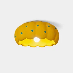 Limonelle yellow ceiling lamp with blue polka dots studio front view, pumpkin-shaped cloud light fixture