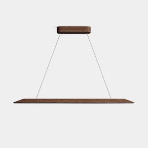 Linea linear wood pendant chandelier front view with thin metal suspension cables on white background