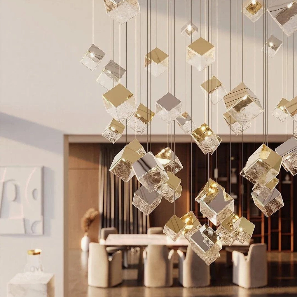Linear 26-head geometric cube chandelier configuration technical drawing