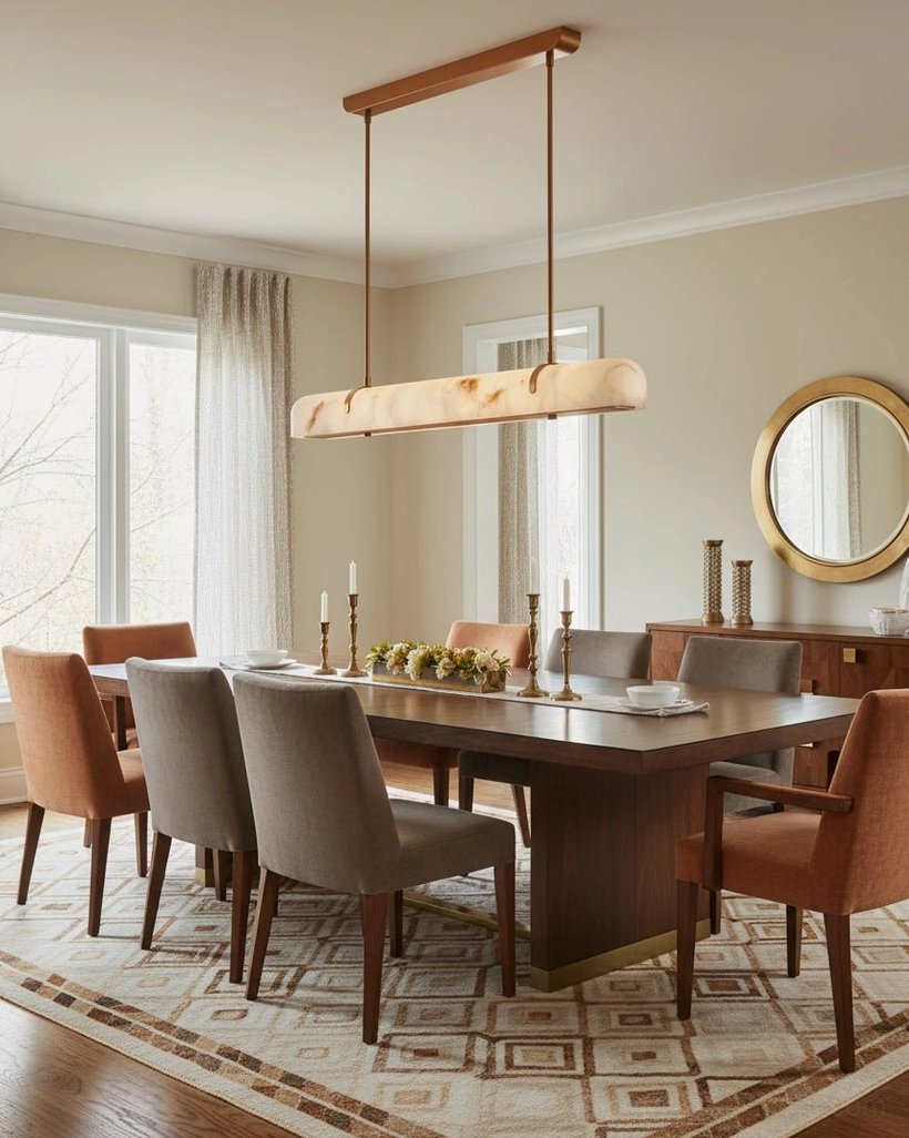 Modern linear chandelier in formal dining room with upholstered chairs and patterned area rug, elegant family dining space