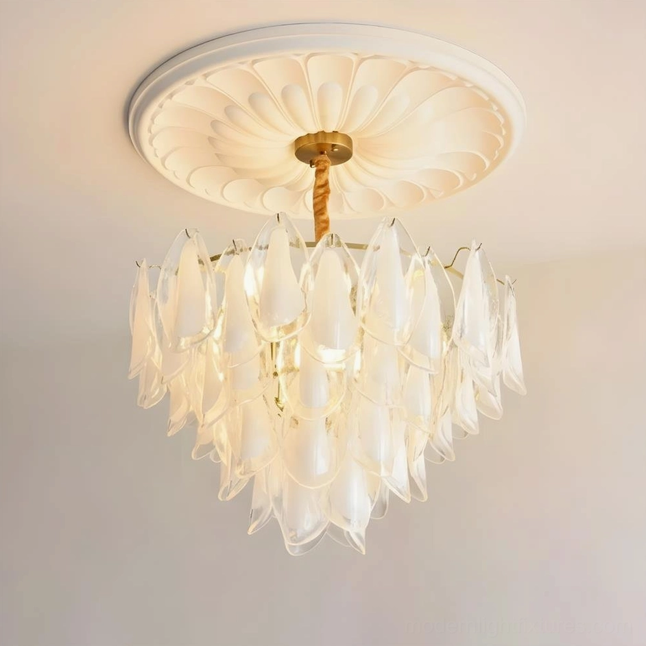 Linear botanical chandelier suspended in contemporary residential space with metal frame