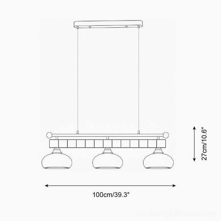 Technical specification drawing of linear pendant chandelier with 3 frosted glass shades showing dimensions and measurements