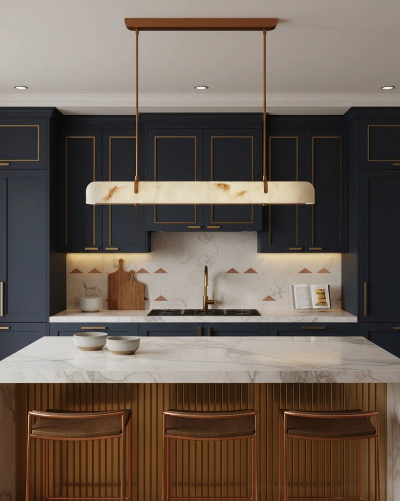 Linear pendant chandelier in dark navy modern kitchen with warm ambient lighting and wooden furniture